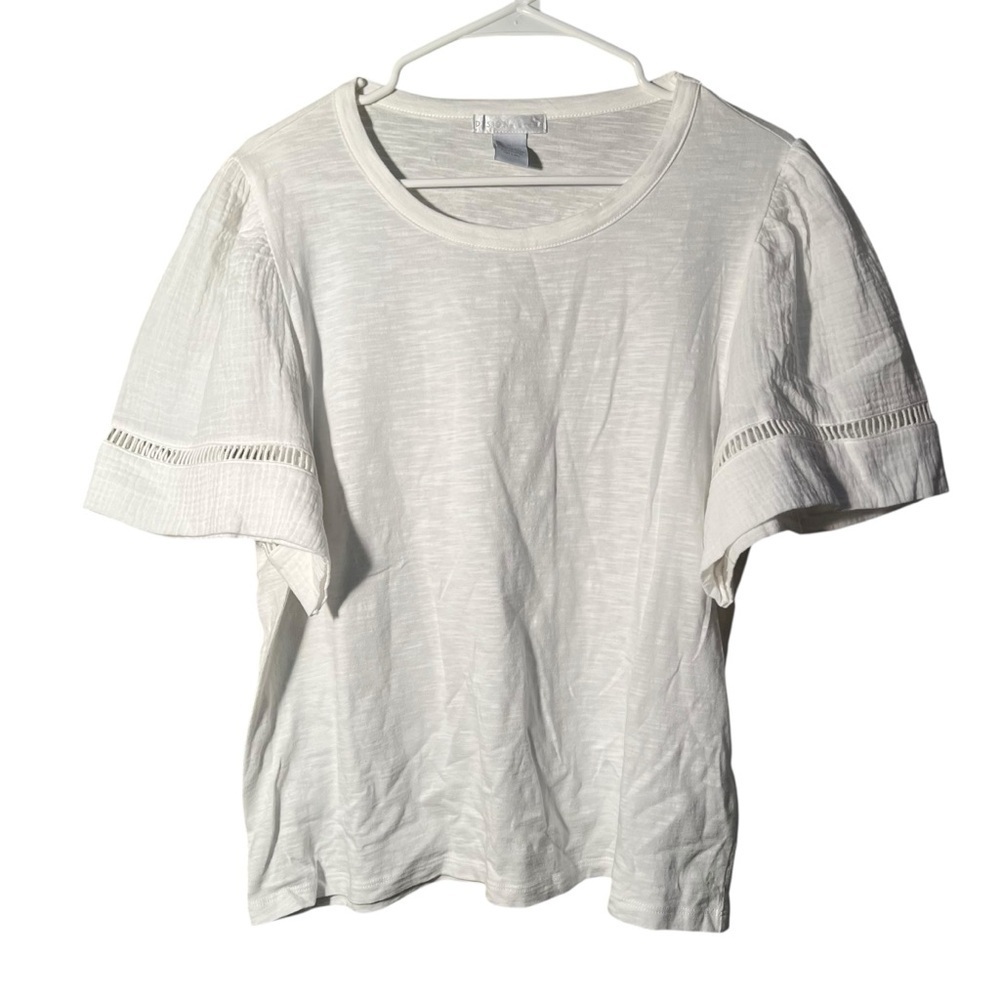 Design History Women's Sz XL Gauzy T-Shirt White Wide Sleeves Crochet Round Neck